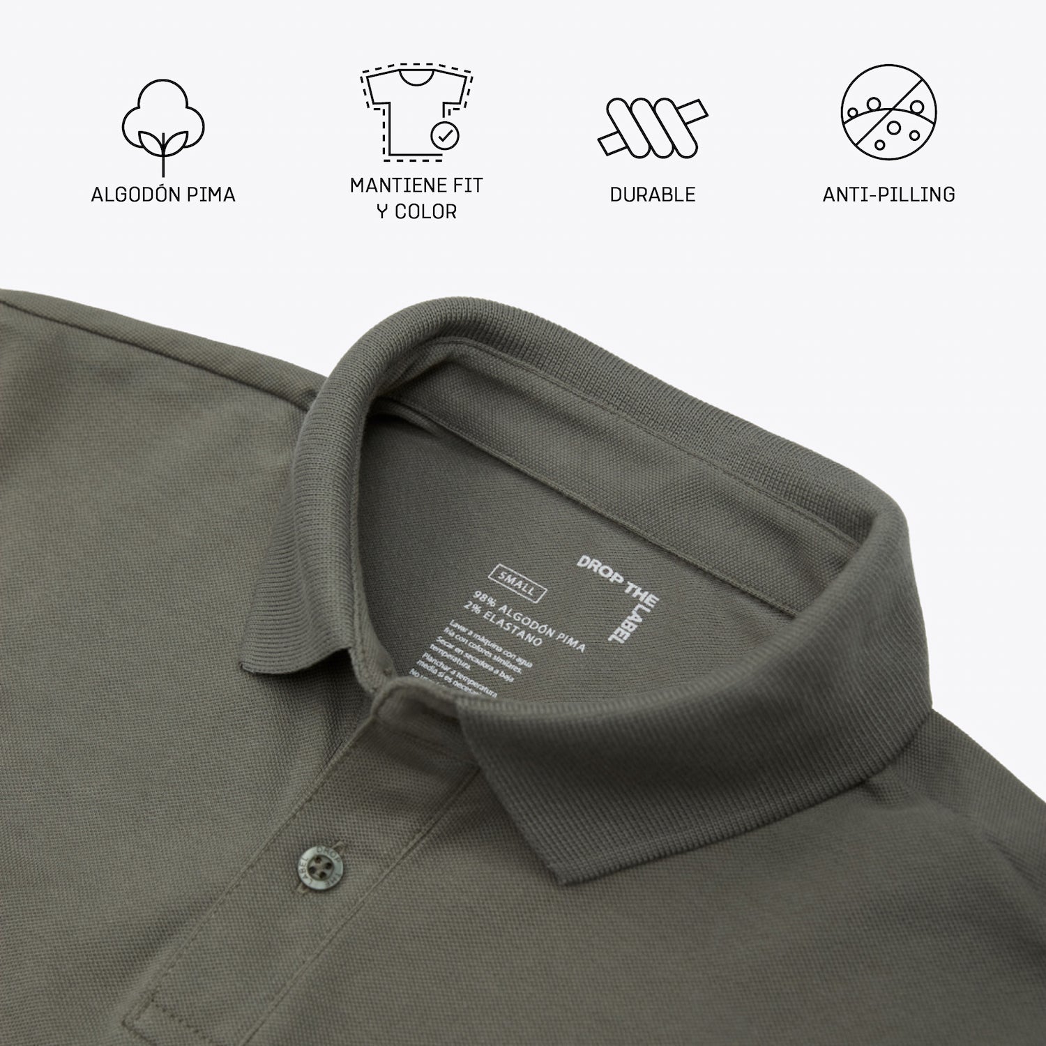 Polo con cuello en tejido piqué de color verde olivo y manga corta de algodón Pima, vista detalle
