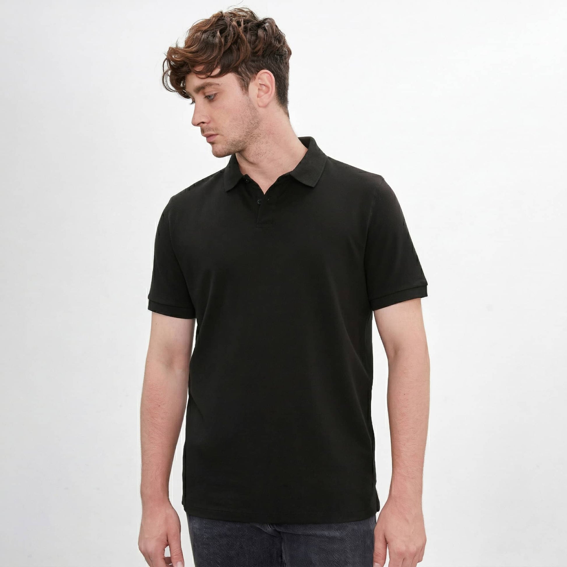 polo camisero negro hombre piqué de algodón pima